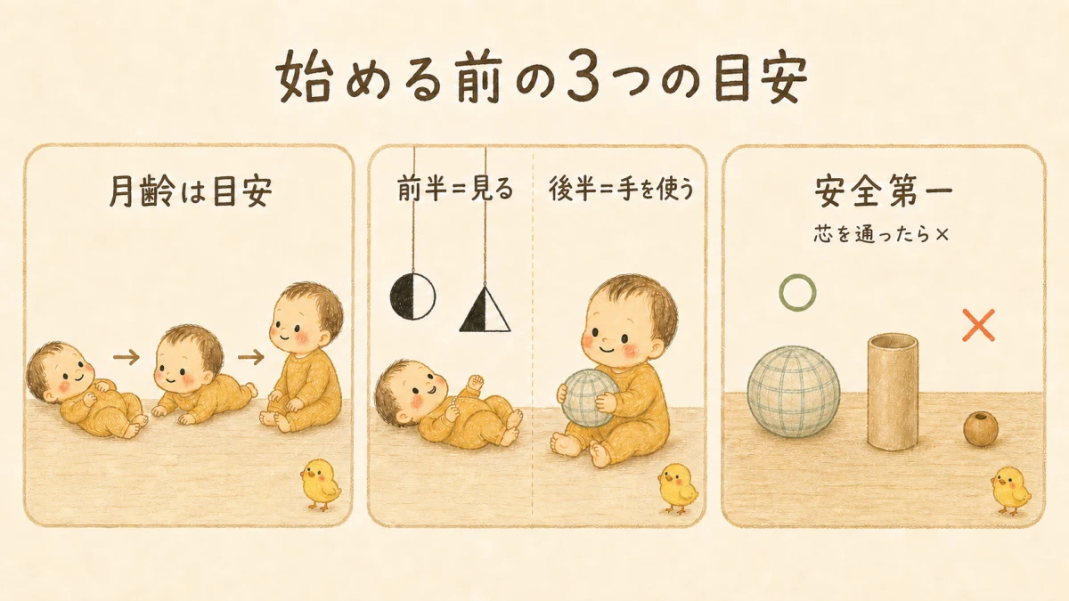 0歳のおうちモンテを始める前の3つの目安。月齢は目安、前半は見る・後半は手を使う、何より安全第一