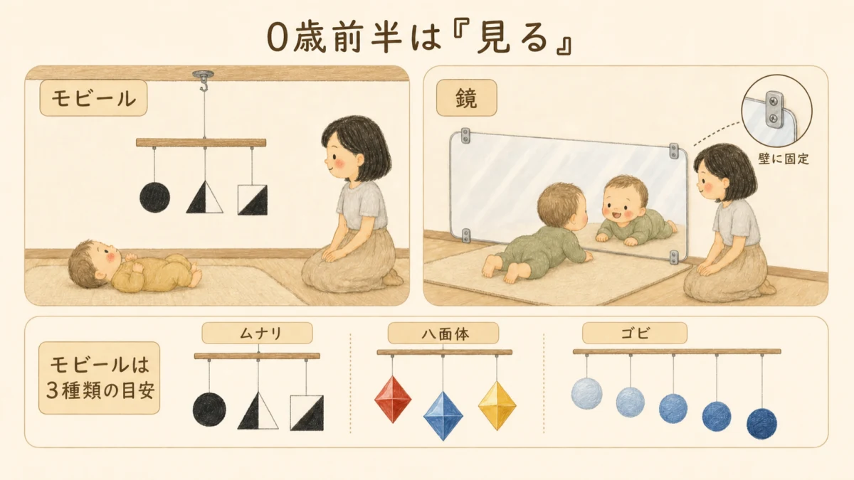 0歳前半は見るお仕事。天井に固定したモビールを目で追い、壁の低い位置に固定した割れない鏡で自分の動きを確かめる