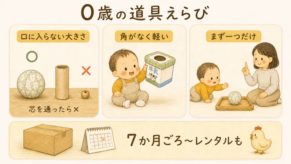 0歳の道具えらび。口に入らない大きさ、角がなく軽いもの、まず一つだけを選び、7か月ごろからはレンタルも選択肢