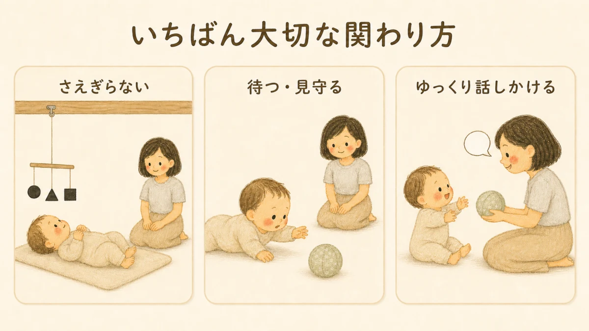 0歳のおうちモンテで大切な関わり方。夢中をさえぎらない、先回りせず待って見守る、目を見てゆっくり話しかける