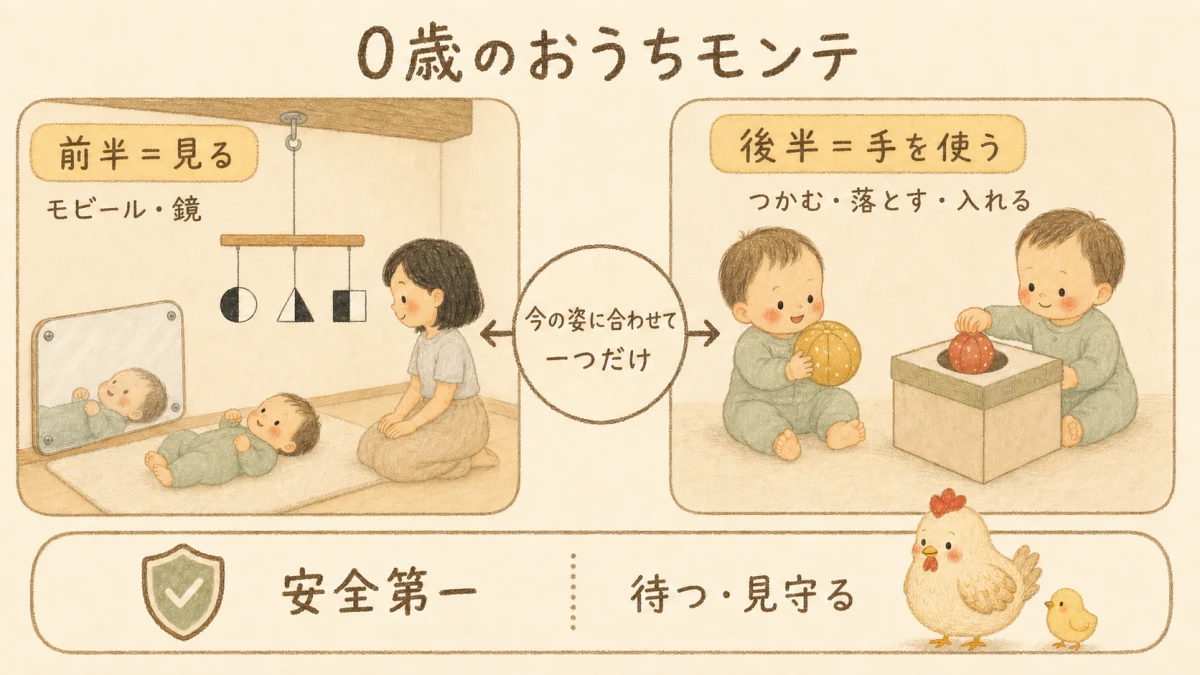0歳のおうちモンテのまとめ。前半は見る、後半は手を使う、今の姿に合わせて一つだけ用意し、安全第一で待って見守る