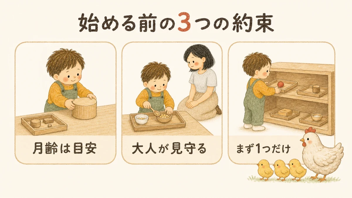 100均でおうちモンテを始める前に。対象月齢は目安、小さなパーツは誤飲に注意、まずは1つだけ選ぶ