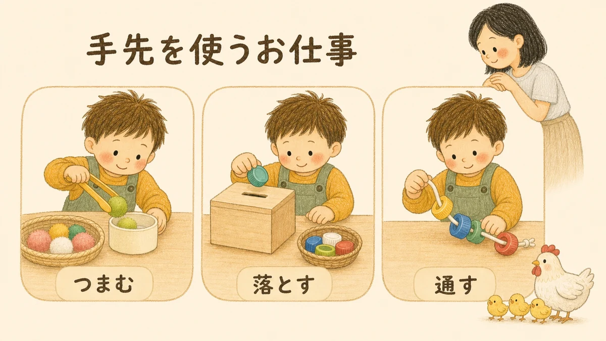 手先を使うお仕事。ポンポンボールのつまみ移しやペットボトルのふた落としで、つまむ・落とす・通すを楽しむ
