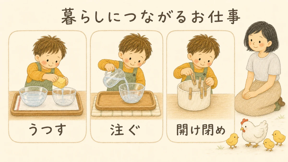 日常生活につながるお仕事。スポンジで水うつしや洗濯ばさみの開け閉めで、自分でやりたい気持ちを応援する