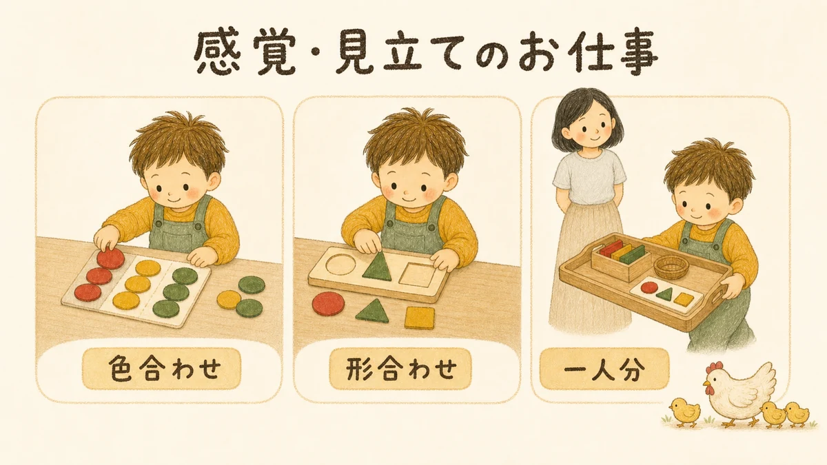 感覚・見立てを育てるお仕事。フェルトの色合わせ・形合わせや、木製トレーで一人分を整える