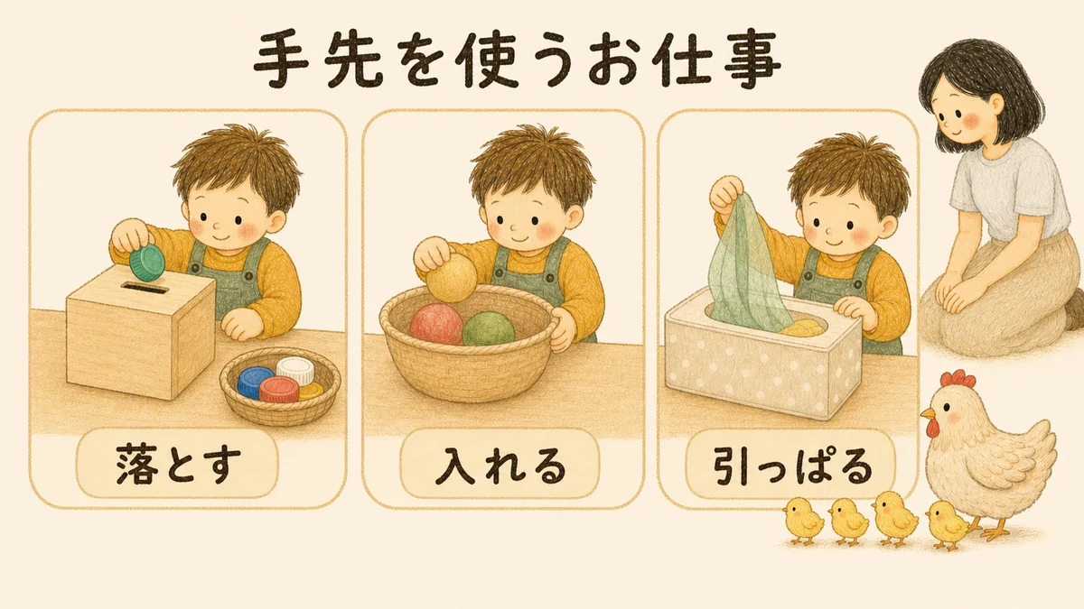 手先を使うお仕事アイデア。ふたを開ける・落とす・入れる、つまむ・にぎる・引っぱるで指先を使う