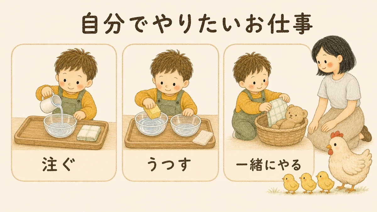 自分でやりたいを活かすお仕事アイデア。コップで注ぐ・スポンジで水うつし、着替えや片づけを一緒にやる