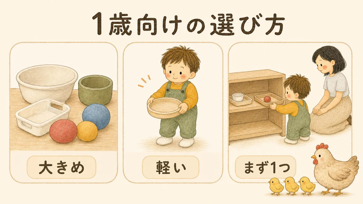 100均で1歳向けにそろえるなら。口に入らない大きさ、角がなく軽いもの、まず一つだけを選ぶ