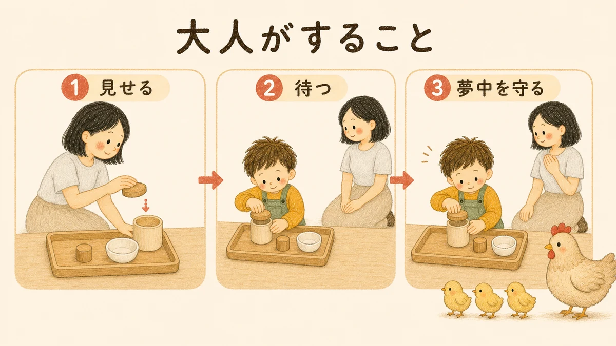 1歳のおうちモンテで大人がすること。やってあげずゆっくり見せる、手を出さず待つ、夢中を大切にする