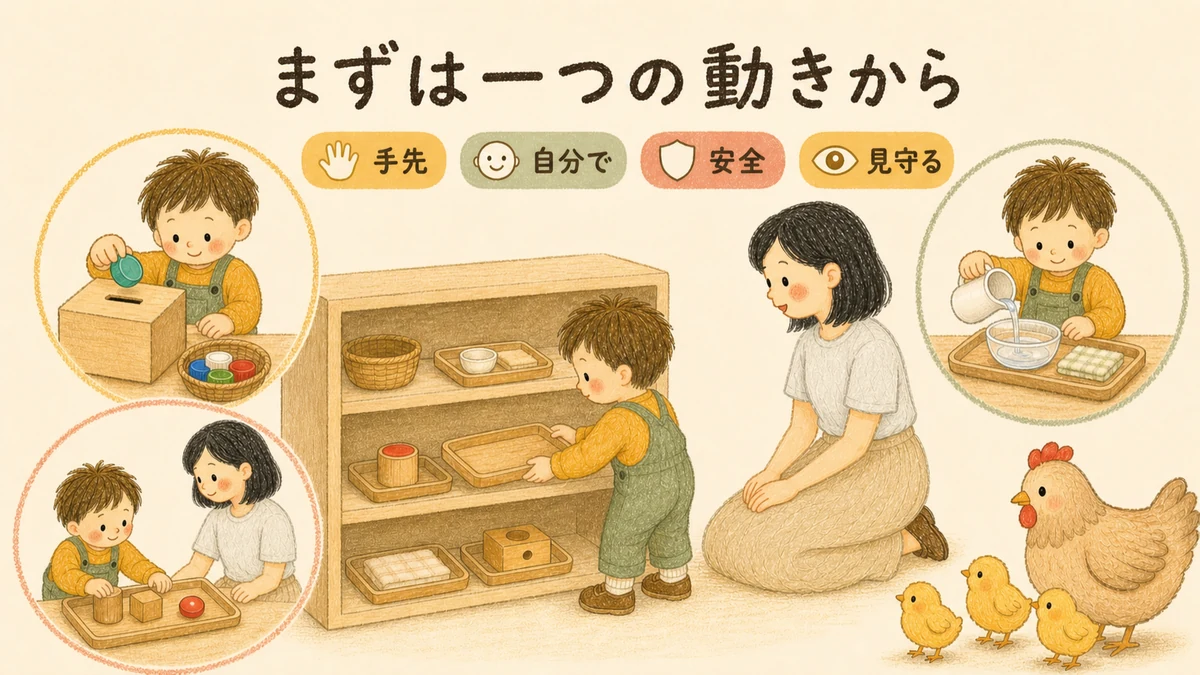 まとめ。1歳のおうちモンテはまず一つの動きから。前半は手先・後半は自分でやりたい、安全を優先し関わり方を大切に