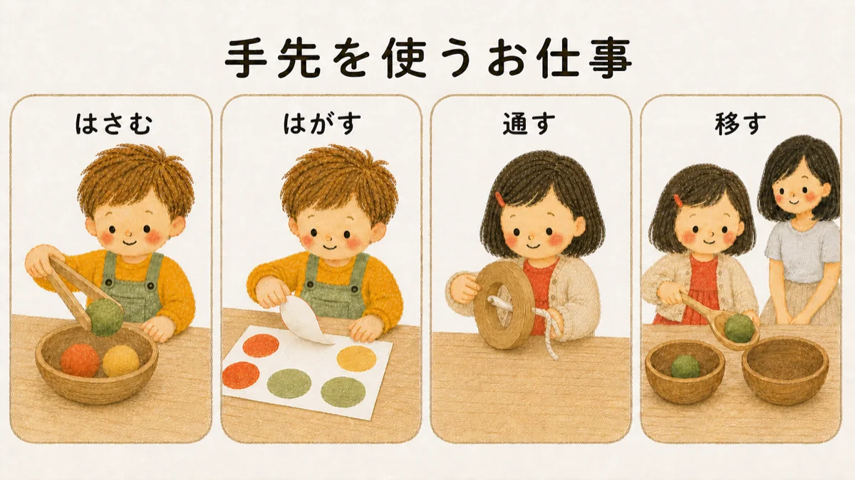 手先を使うお仕事アイデア。洗濯ばさみをはさむ・外す、シールをはがす、ひもを通す・移すで指先を使う