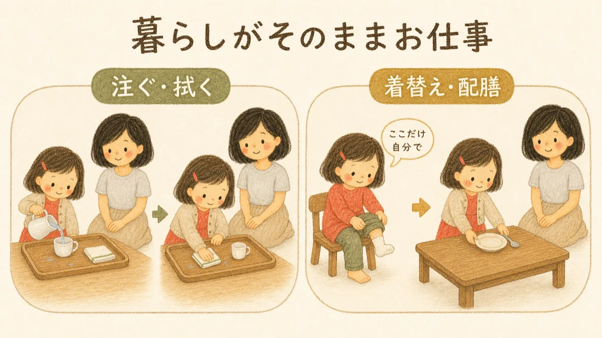 日常生活のお仕事アイデア。コップで注ぐ・テーブルを拭く、着替えや配膳を一緒にやる