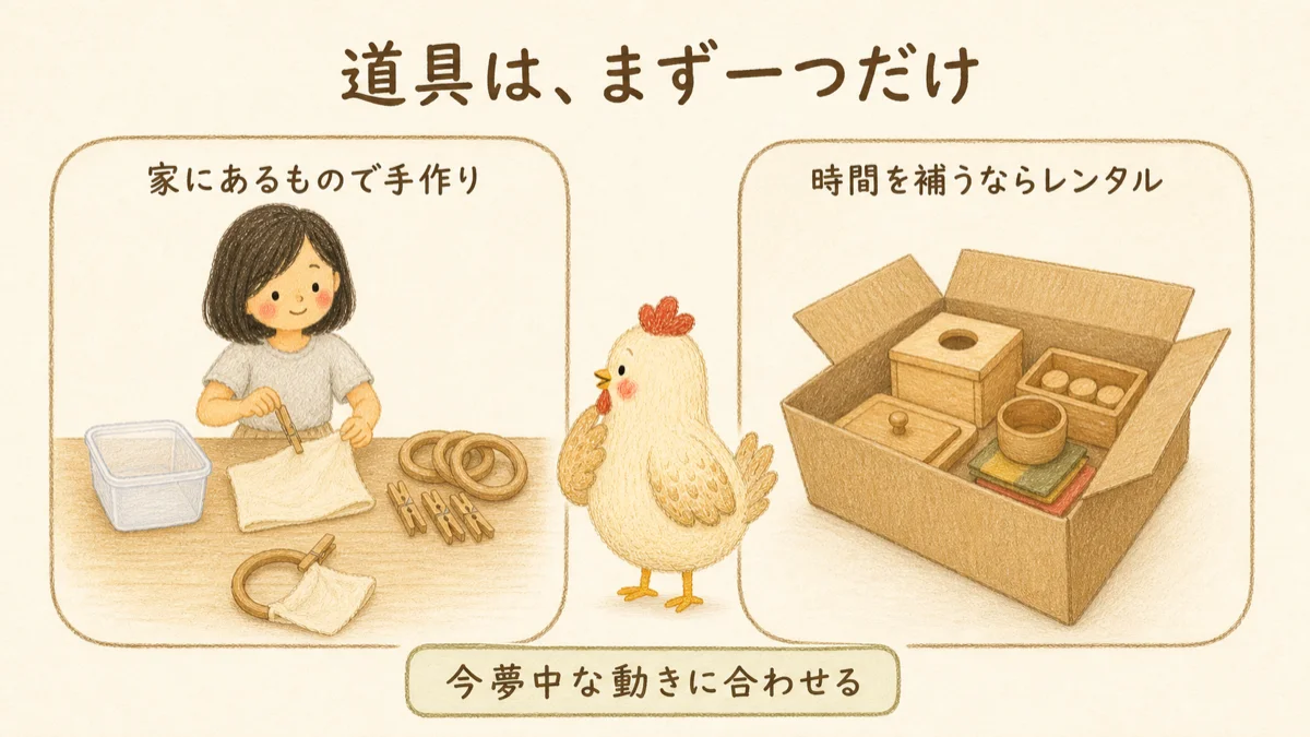 2歳向けに手作りでそろえるなら。今夢中な動きに合わせて、まず一つだけ手作りで用意する
