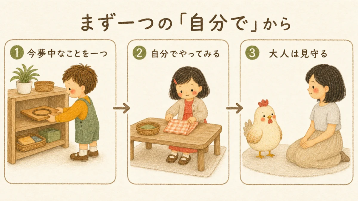 まとめ。2歳のおうちモンテはまず一つの「自分で」から。手先と日常生活、安全を優先し関わり方を大切に