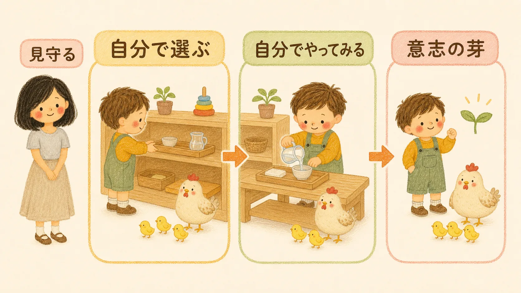 「自分で選ぶ」「自分でやってみる」「意志の芽」が育つ様子と、親が見守る姿を表した図解
