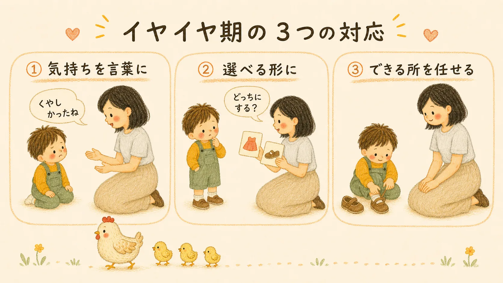 イヤイヤ期の接し方として「気持ちを言葉に」「選べる形に」「できる所を任せる」の3つを示した図解