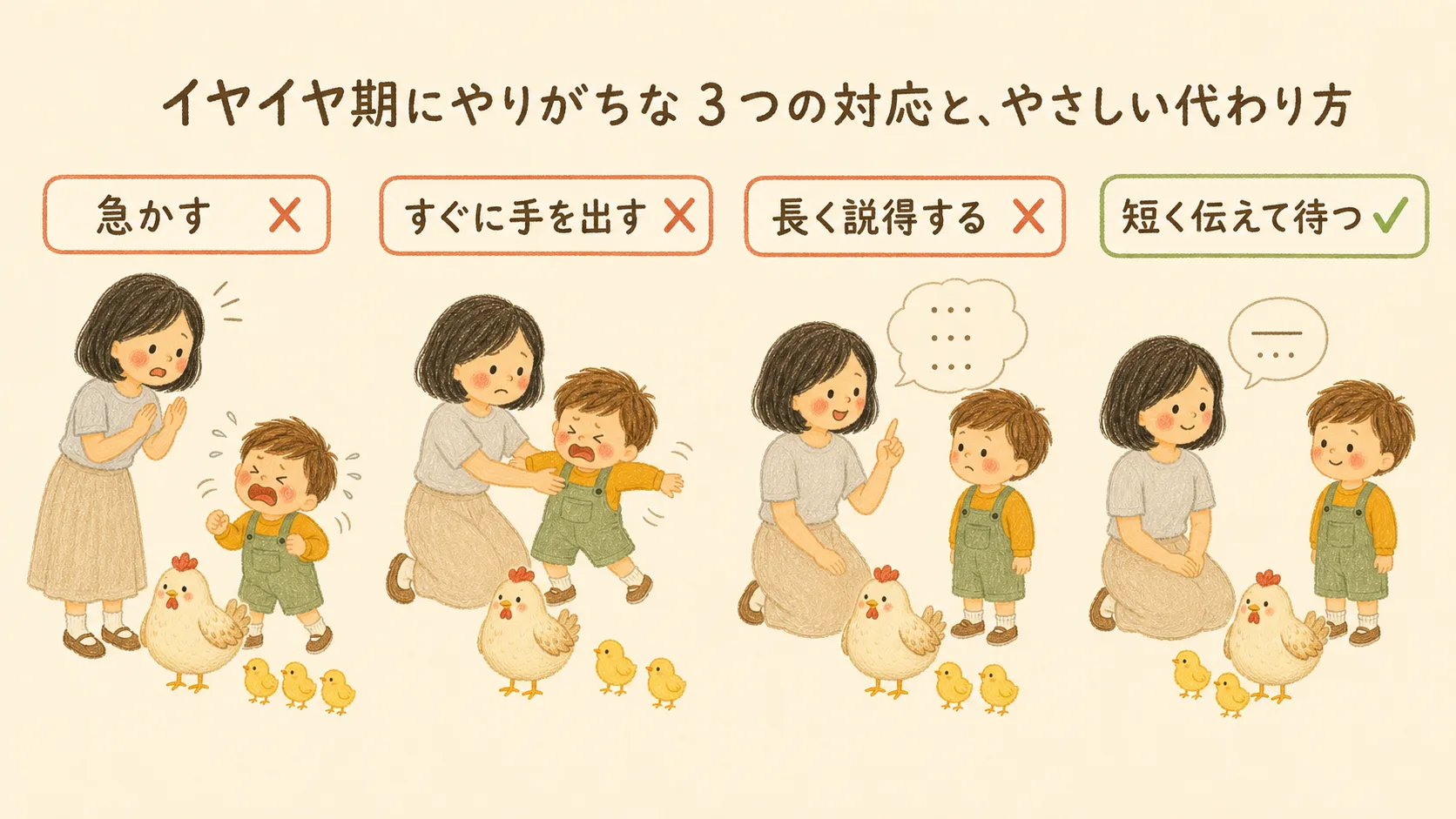 イヤイヤ期に避けたい「急かす」「すぐに手を出す」「長く説得する」と、代わりに「短く伝えて待つ」を示した図解