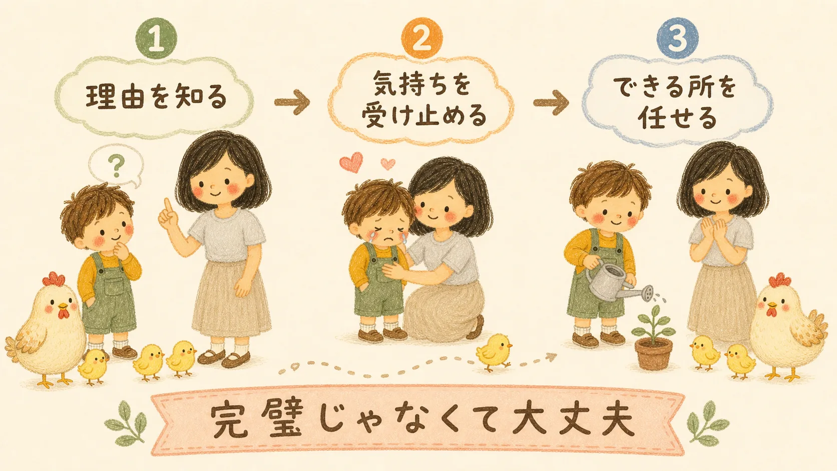「理由を知る」「気持ちを受け止める」「できる所を任せる」の3段階と「完璧じゃなくて大丈夫」を示したまとめ図解
