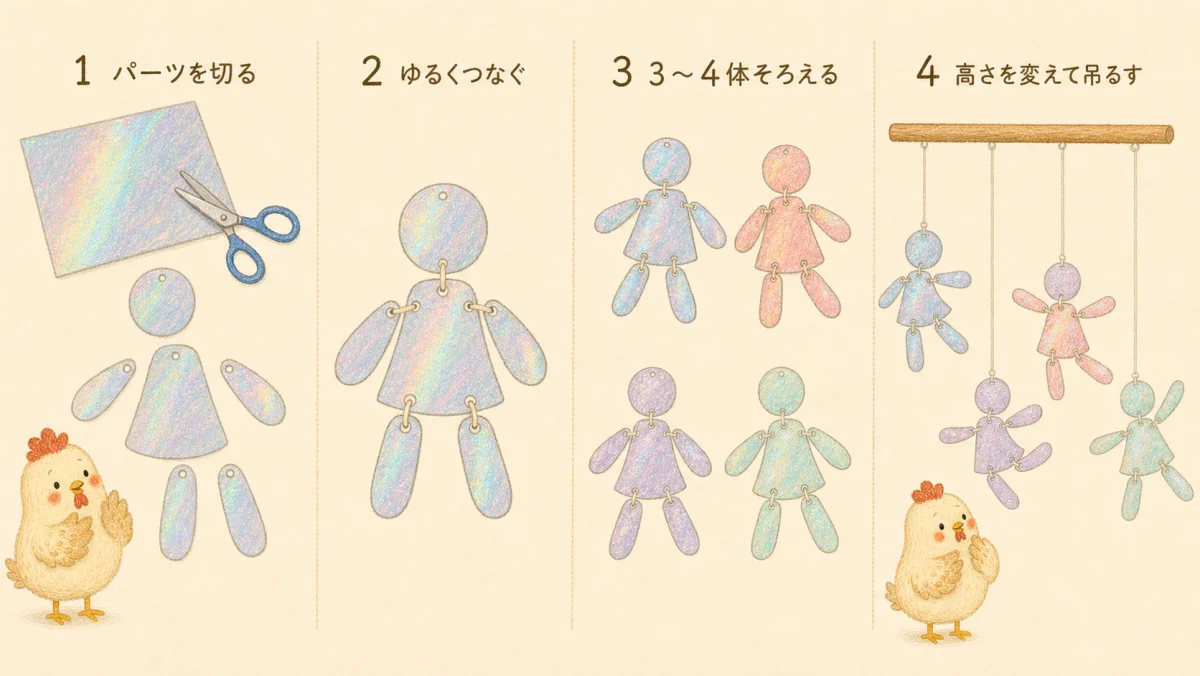 パーツを切る、ゆるくつなぐ、3〜4体そろえる、高さを変えて吊るすダンサー・モビールの作り方4ステップ