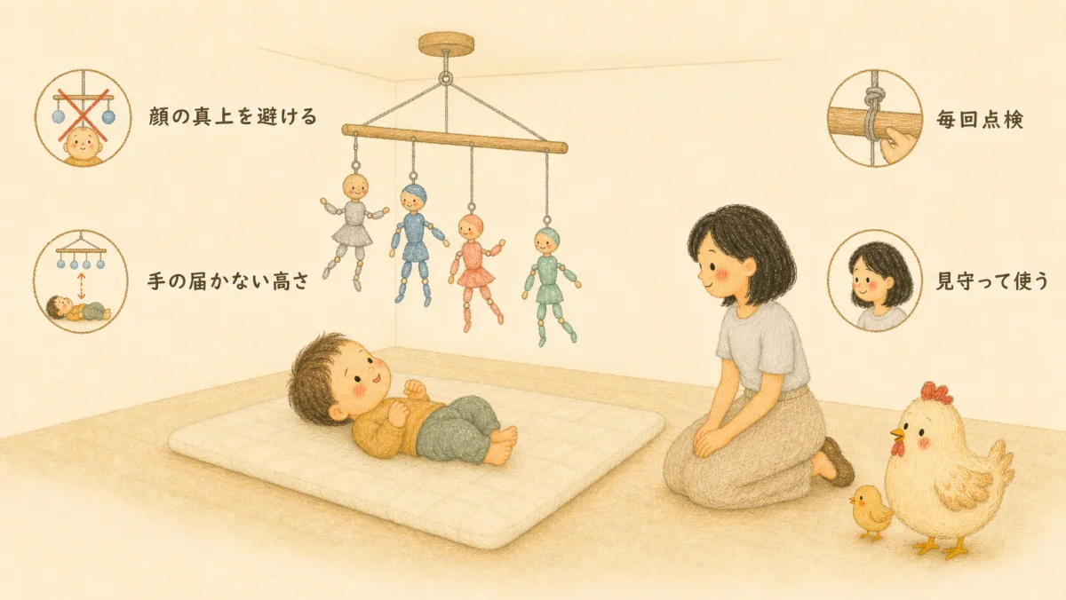 顔の真上を避け、手の届かない高さに固定し、毎回点検して見守るダンサー・モビールの安全な吊るし方