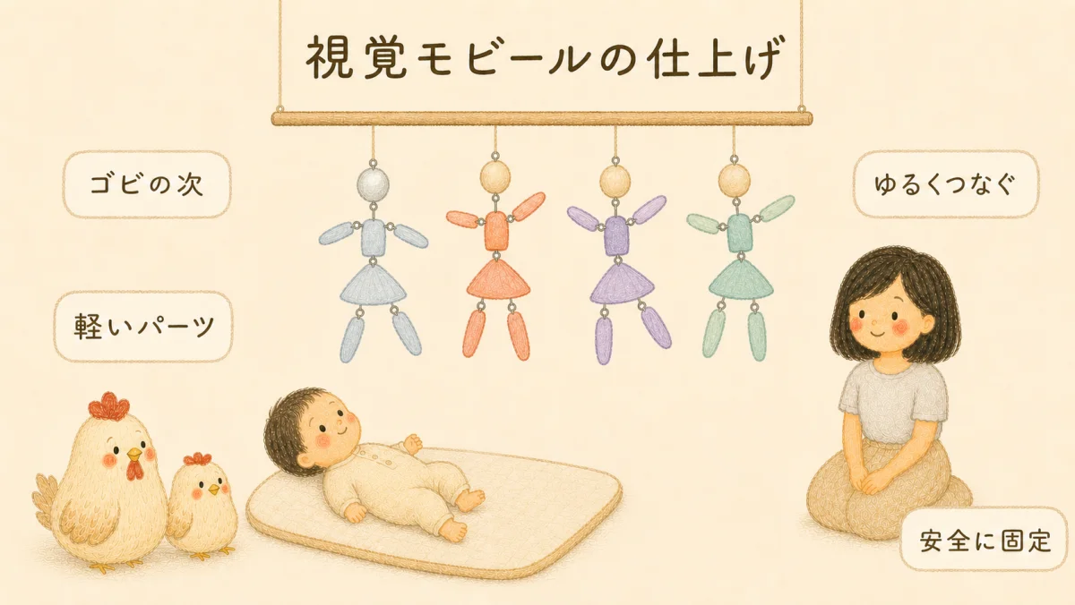 ゴビの次に使うダンサー・モビールを軽いパーツでゆるくつなぎ安全に固定するまとめ