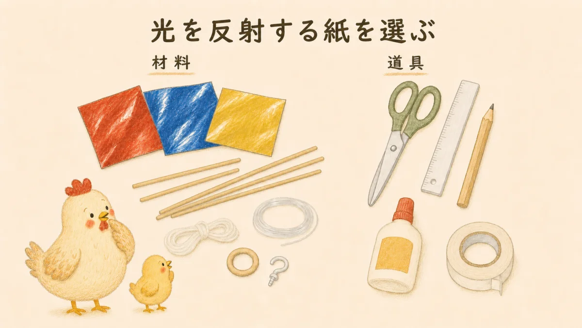 八面体モビールを手作りするための赤・青・黄の光沢紙、棒、糸などの材料と、はさみ・定規・鉛筆などの道具