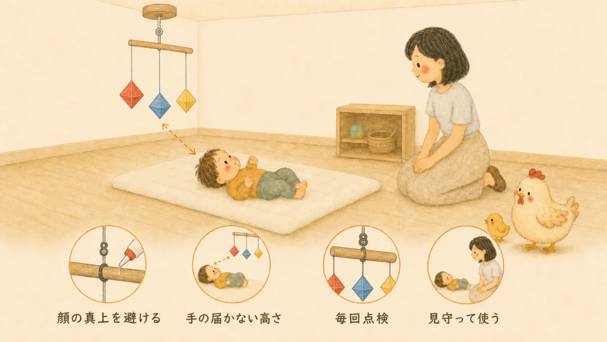 八面体モビールを顔の真上から外し、手の届かない高さに固定して、毎回点検しながら見守って使う安全図解