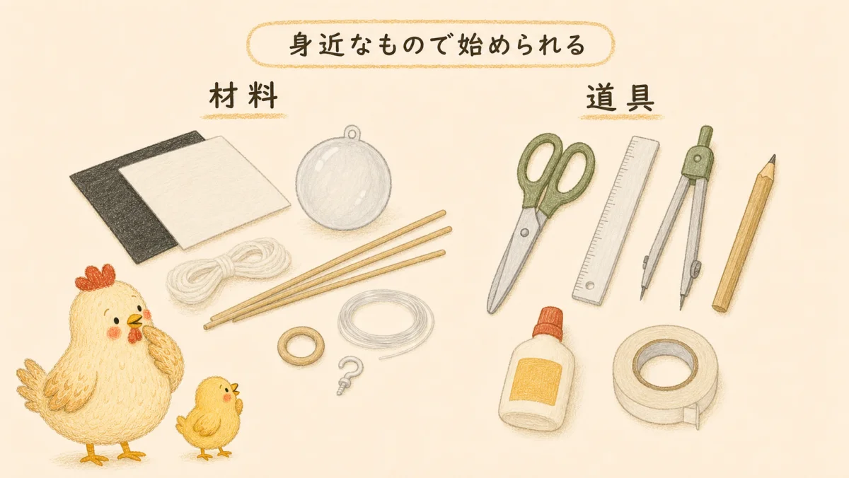 ムナリ・モビールを手作りするための厚紙・透明球・棒・糸などの材料と、はさみ・定規・コンパスなどの道具