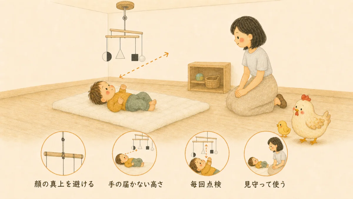 手作りモビールを顔の真上から外し、手の届かない高さに固定して、毎回点検しながら見守って使う安全図解