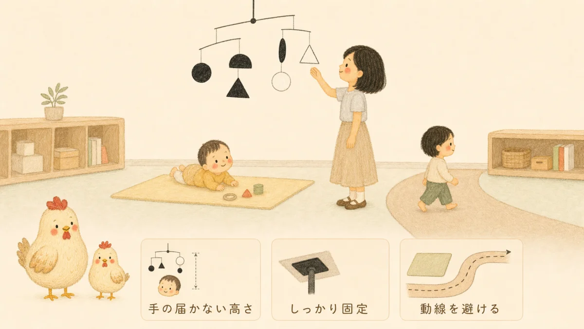 保育園でムナリ・モビールを手の届かない高さに固定し、子どもの動線を避けて飾る図解