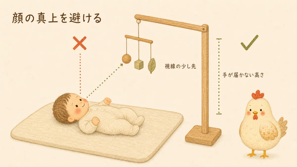 赤ちゃんの顔の真上を避け、視線の少し先かつ手の届かない高さにモビールを飾る位置の図解