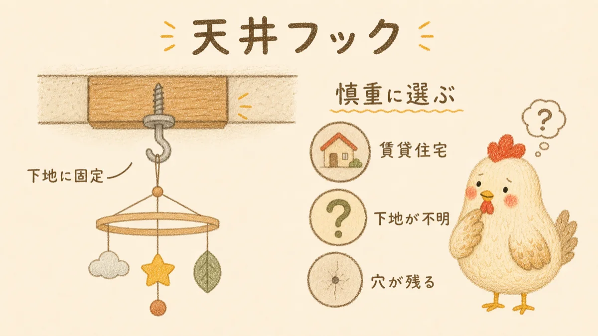 天井フックを天井の下地に固定してモビールを吊るす方法の図解