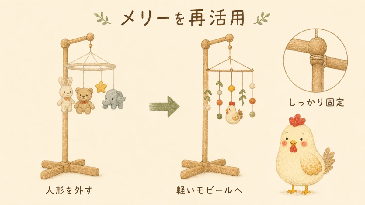 ベビーメリーの人形を外して軽い手作りモビールへ付け替える再活用方法の図解