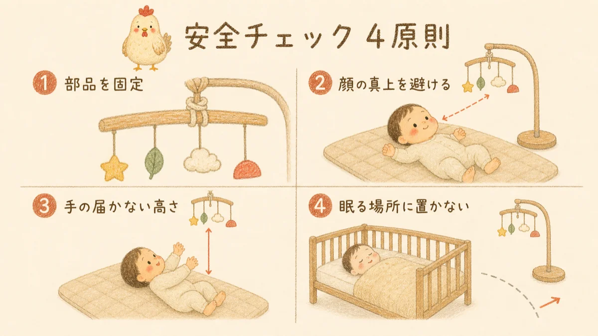 部品固定、顔の真上を避ける、手の届かない高さ、眠る場所に置かないという安全チェック4原則の図解