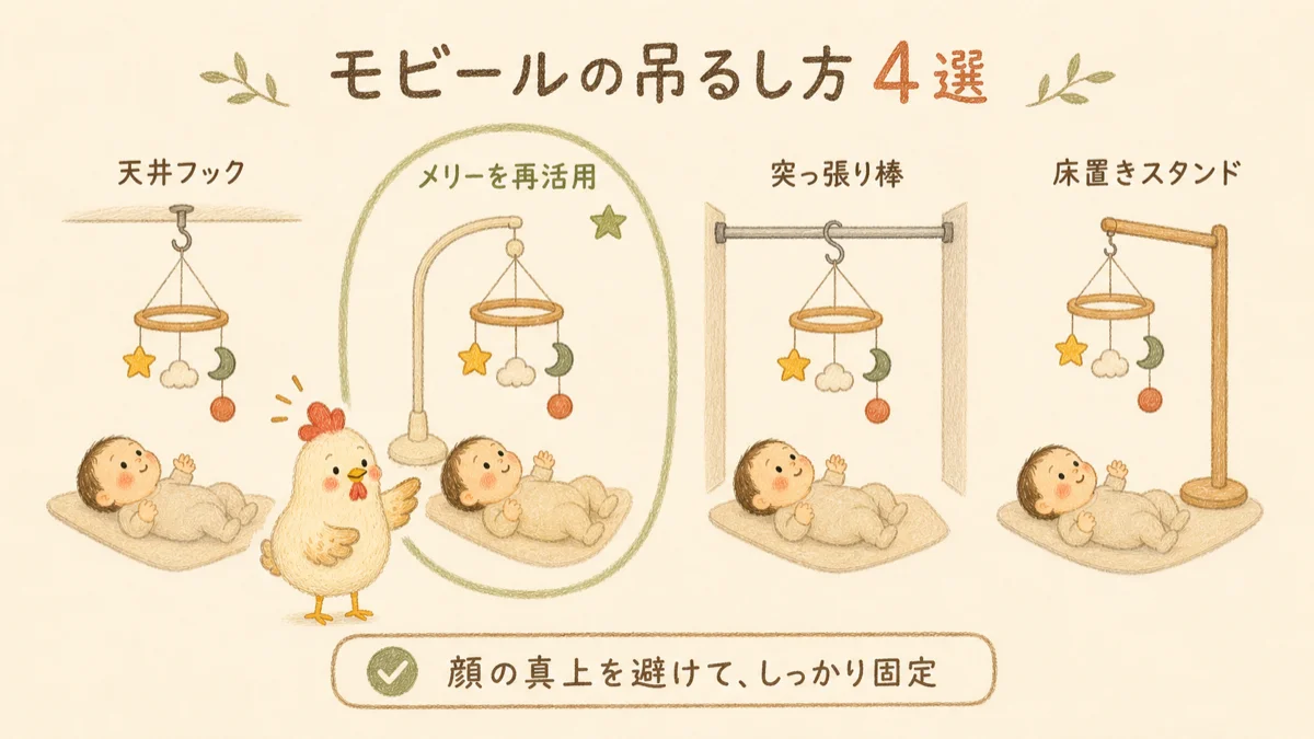 天井フック、メリーの再活用、突っ張り棒、床置きスタンドというモビールの吊るし方4選の図解