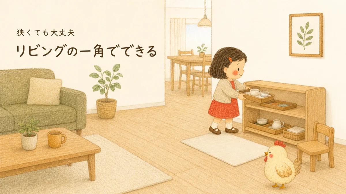 狭い家でもリビングの一角に低い棚・活動マット・子ども椅子を置けばモンテッソーリの環境を作れる