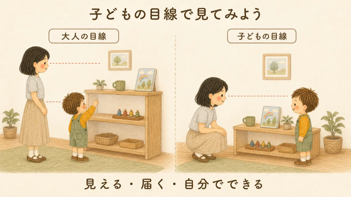 大人の目線と子どもの目線を比べ、見える・届く・自分でできる高さへ環境を整える図解