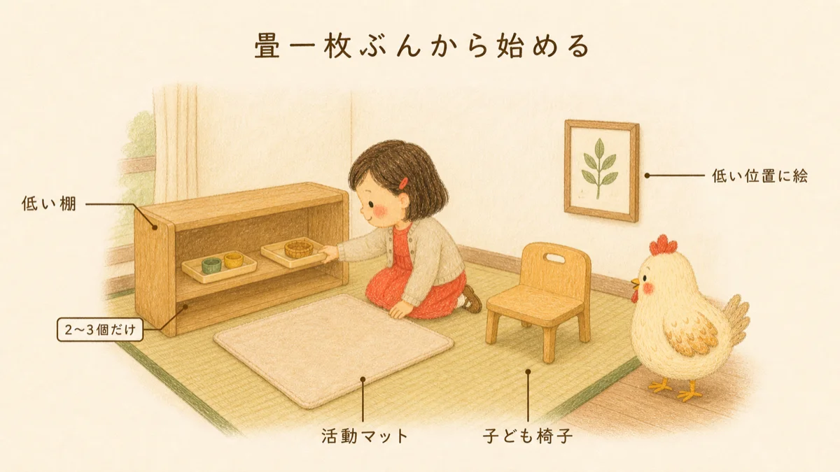 畳一枚ぶんの一角に低い棚・活動マット・子ども椅子・低い位置の絵を配置する図解