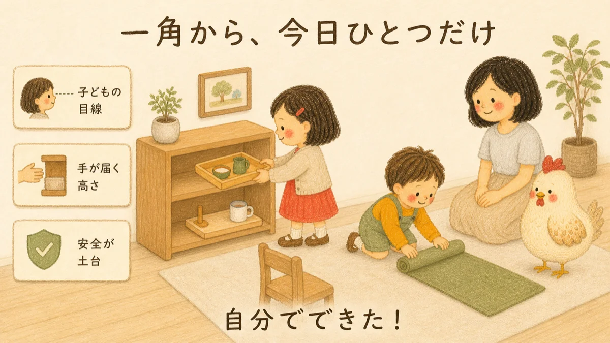 子どもの目線・手が届く高さ・安全を整えた一角で子どもが自分で活動を始めるまとめ図解