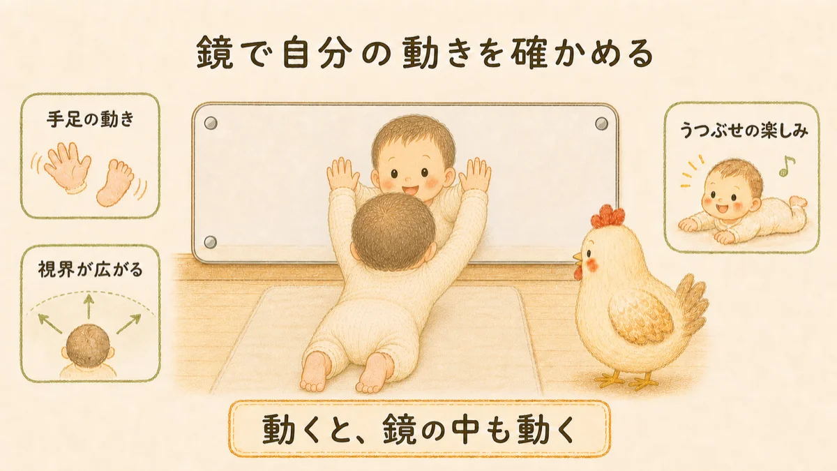 低い位置に固定した鏡で赤ちゃんが自分の手足の動きを確かめる図解