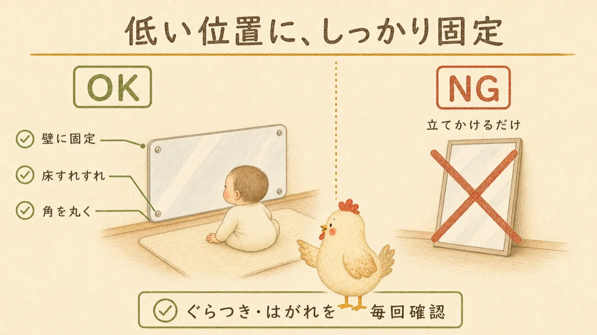 鏡を床すれすれの低い位置で壁へ固定し、立てかけ置きを避ける安全図解