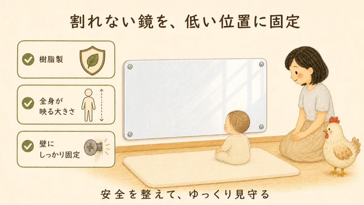 割れない樹脂製の鏡を低い位置に固定し、赤ちゃんが自分の動きを確かめるまとめ図解