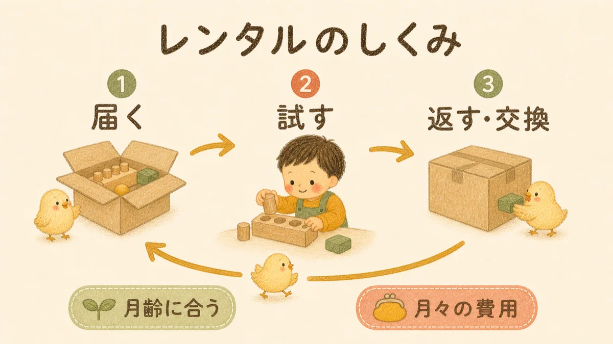 教具のレンタル・サブスクの仕組み。月額定額で月齢に合う教具が届き、期間ごとに交換して返せる