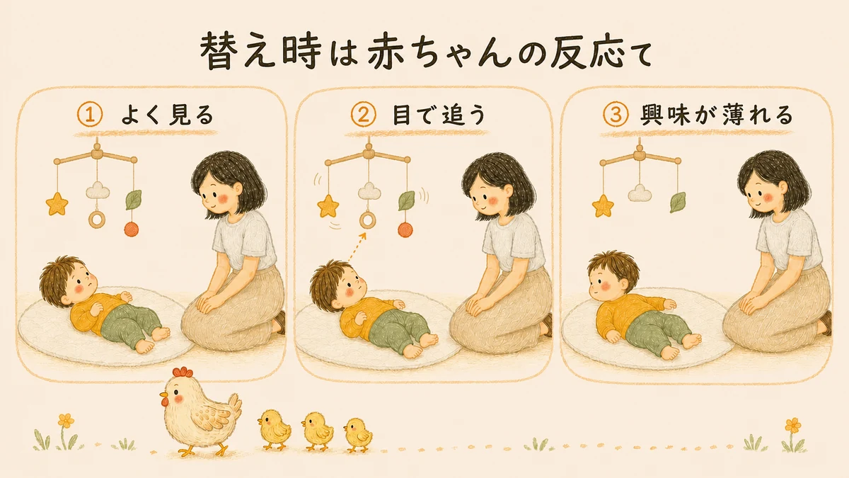 モビールの替え時は月齢表ではなく、よく見る、目で追う、興味が薄れるという赤ちゃんの反応で判断する