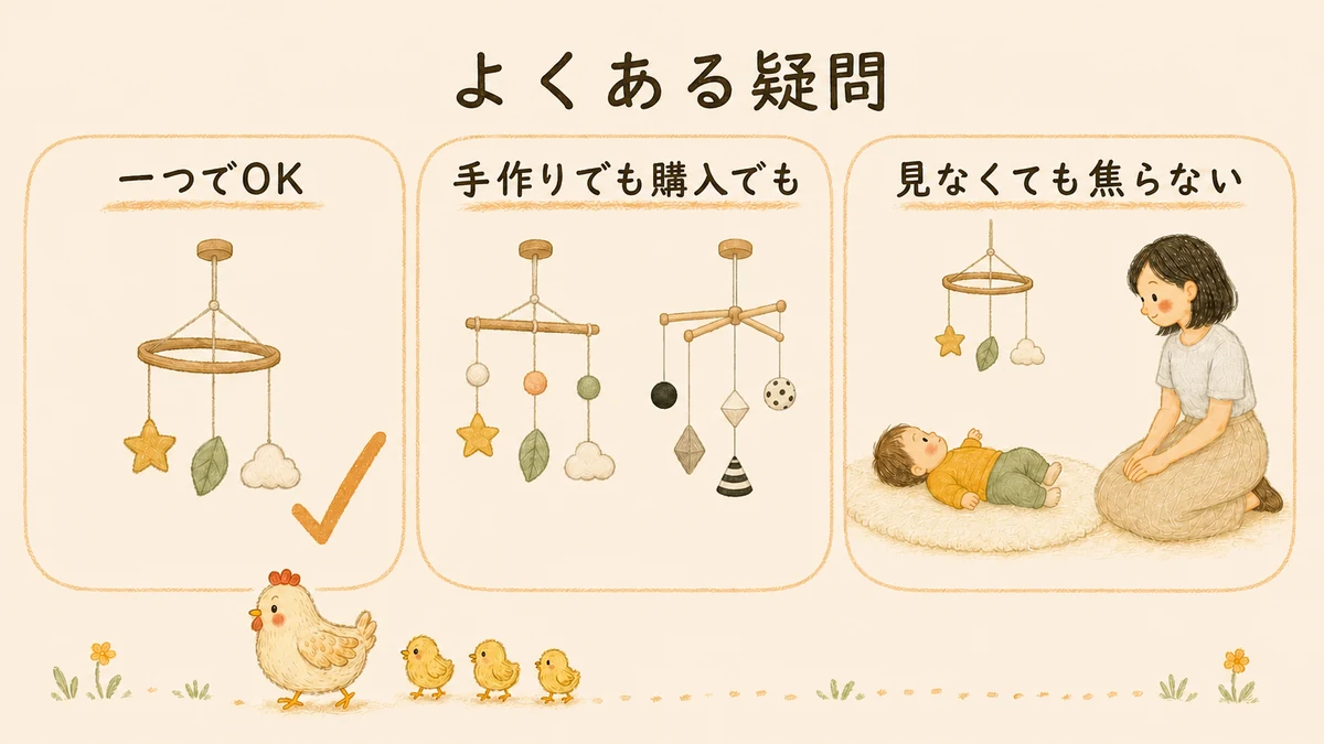 モンテッソーリ・モビールのよくある疑問。全部そろえなくてよい、手作りでも購入でもよい、見なくても焦らない